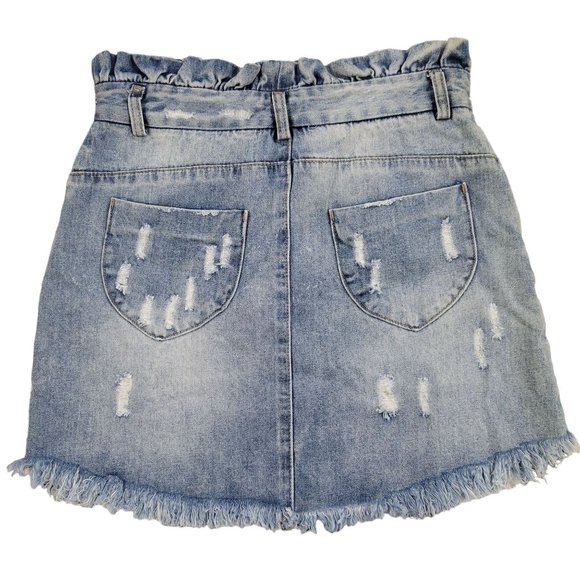 Hayden Denim Jean Skirt NEW Paperbag Ruffle Waist Sz M Distressed Pockets Light - Picture 2 of 12